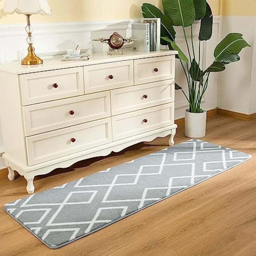 Shag Runner Rug for Bedroom 2x6 Feet Grey Area Rugs with Memory Foam for Hallway Bedside Fluffy Shaggy Washable Moroccan Geometric Pattern