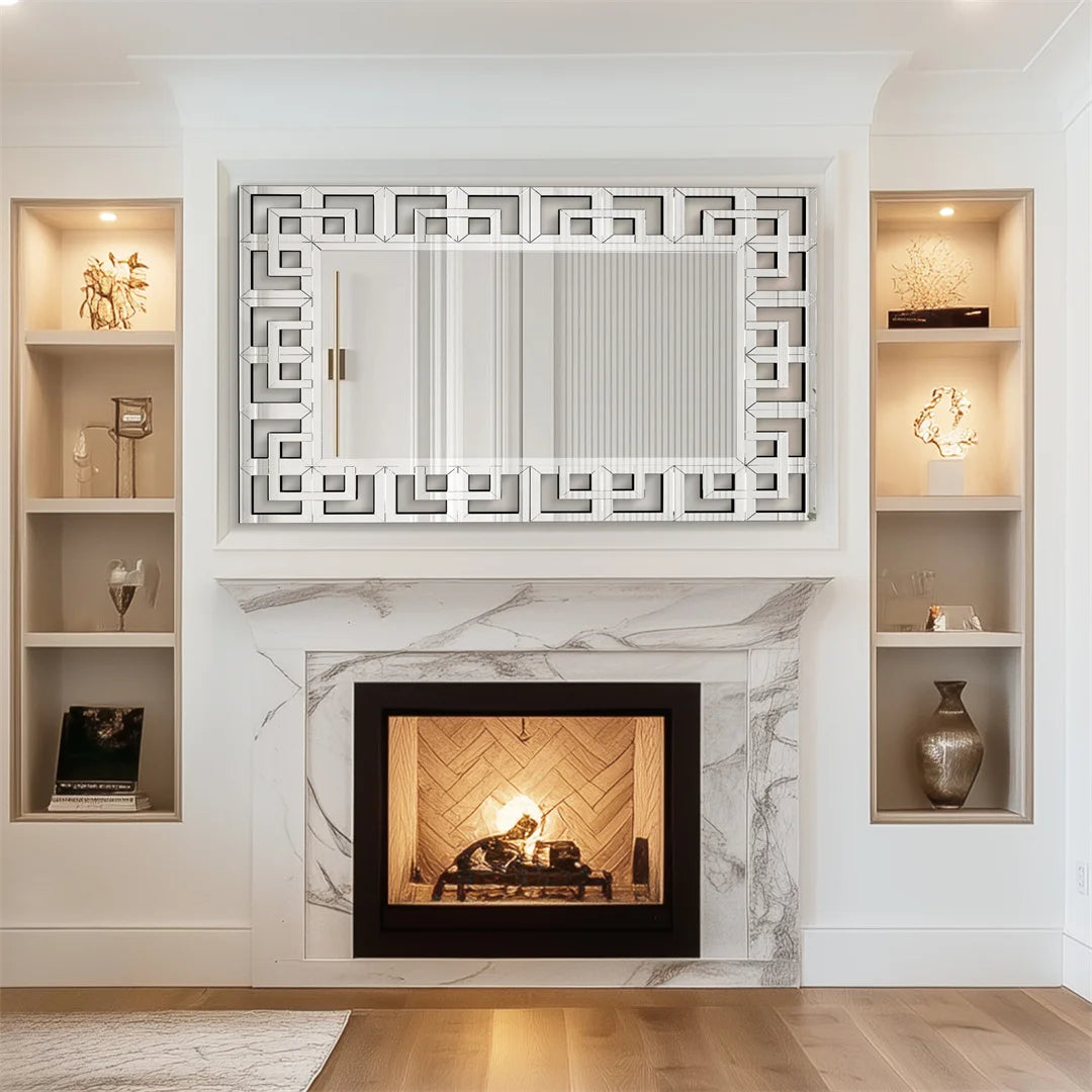 LUVODI 48 Inch Silver Wall Decorative Mirror Polished Hollow Out Accent Mirror for Hallway Living Room and Fireplace
