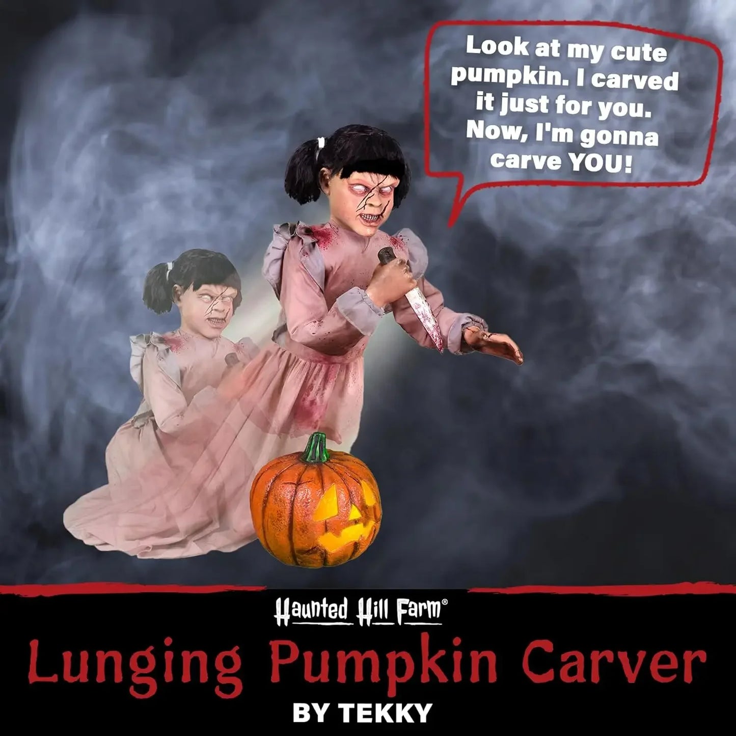 Lunging Pumpkin Carver Zombie Girl Motion Activated Talking Halloween Animatronic