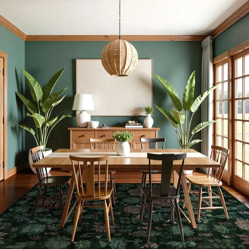 Forest Print Washable 8x10 Area Rugs Dark Green Rugs for Living Room Non Slip Ultra Thin Soft Boho Floral Bedroom Carpet