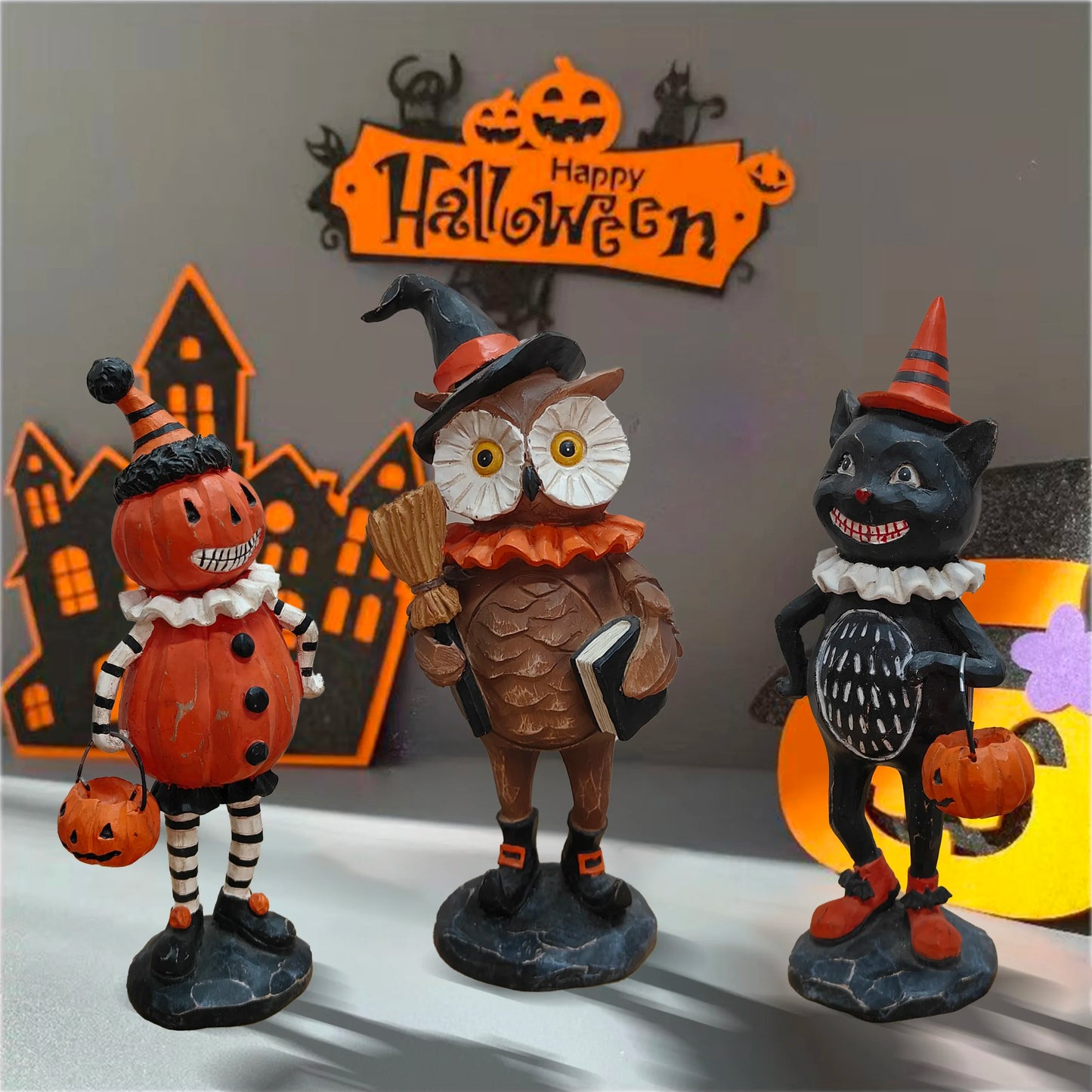 Halloween Resin Pumpkin Puppet Owl And Black Cat Statue