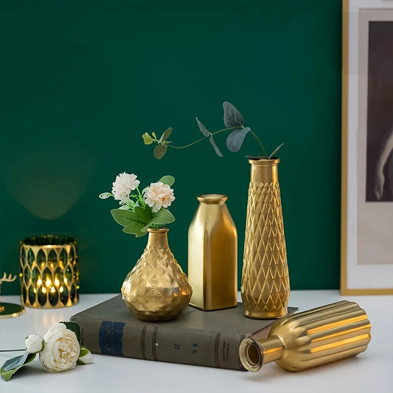 Cylindrical Gold Glass Vase Gilded Finish Antique Art Style Home Decoration Table Centerpiece Halloween Christmas Decoration