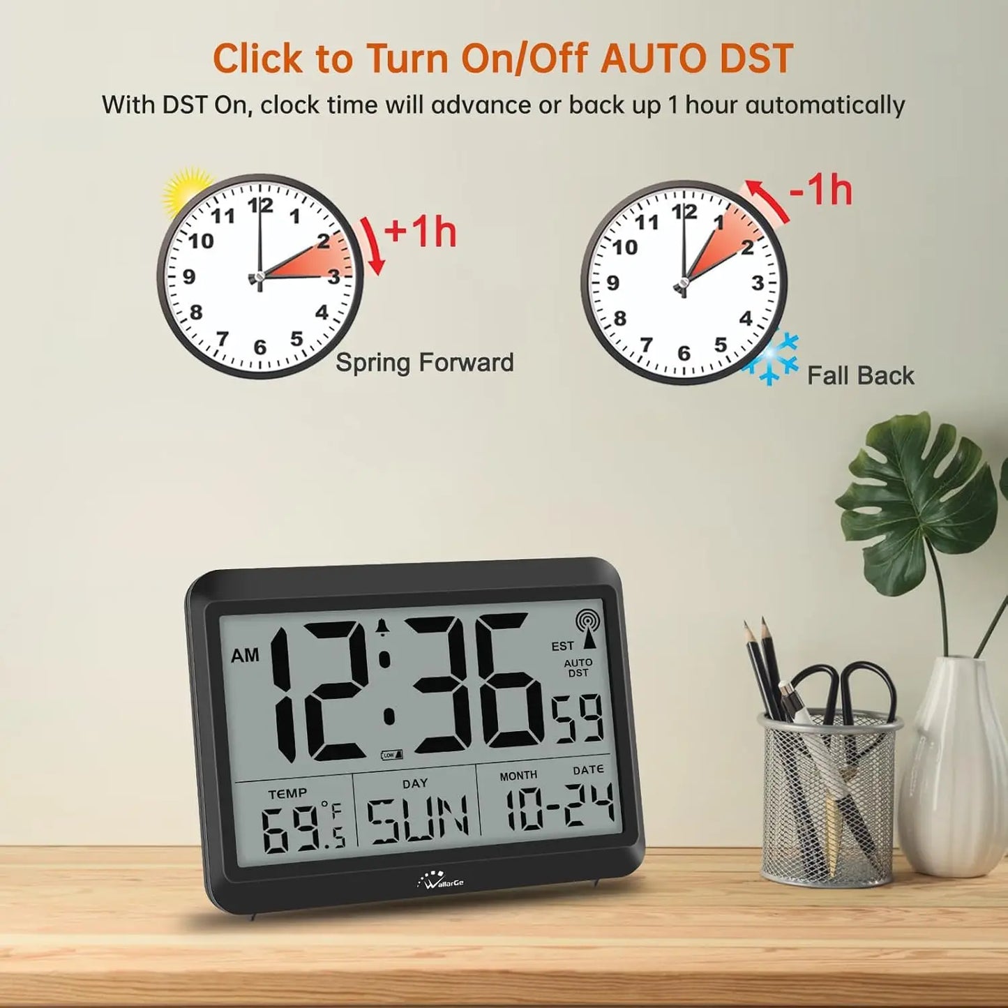 Atomic Digital Wall Clock With AutoSet Time Large Display Temp 4 Time Zones DST