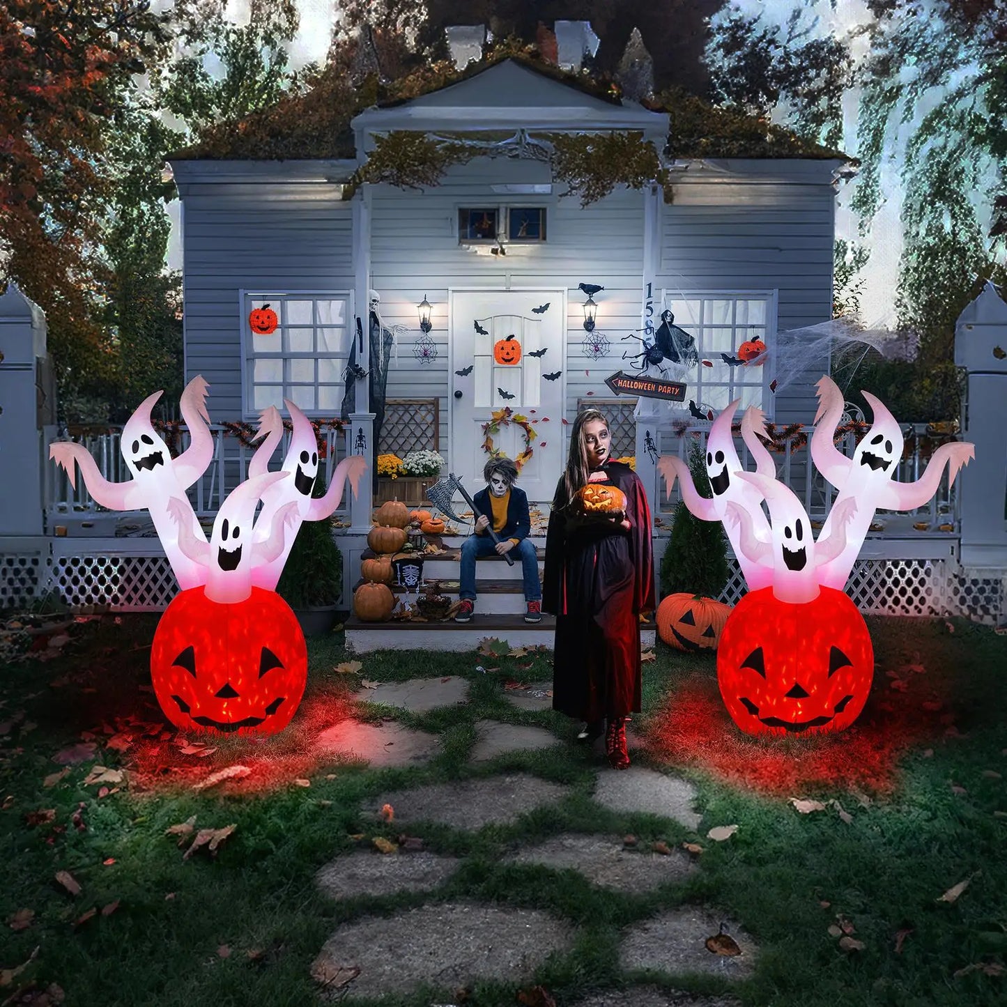 5.9FT Halloween Inflatable Pumpkin Ghost Yard Decor with Lights - Spooky Blow-Up Outdoor Decorations for holiday Parties