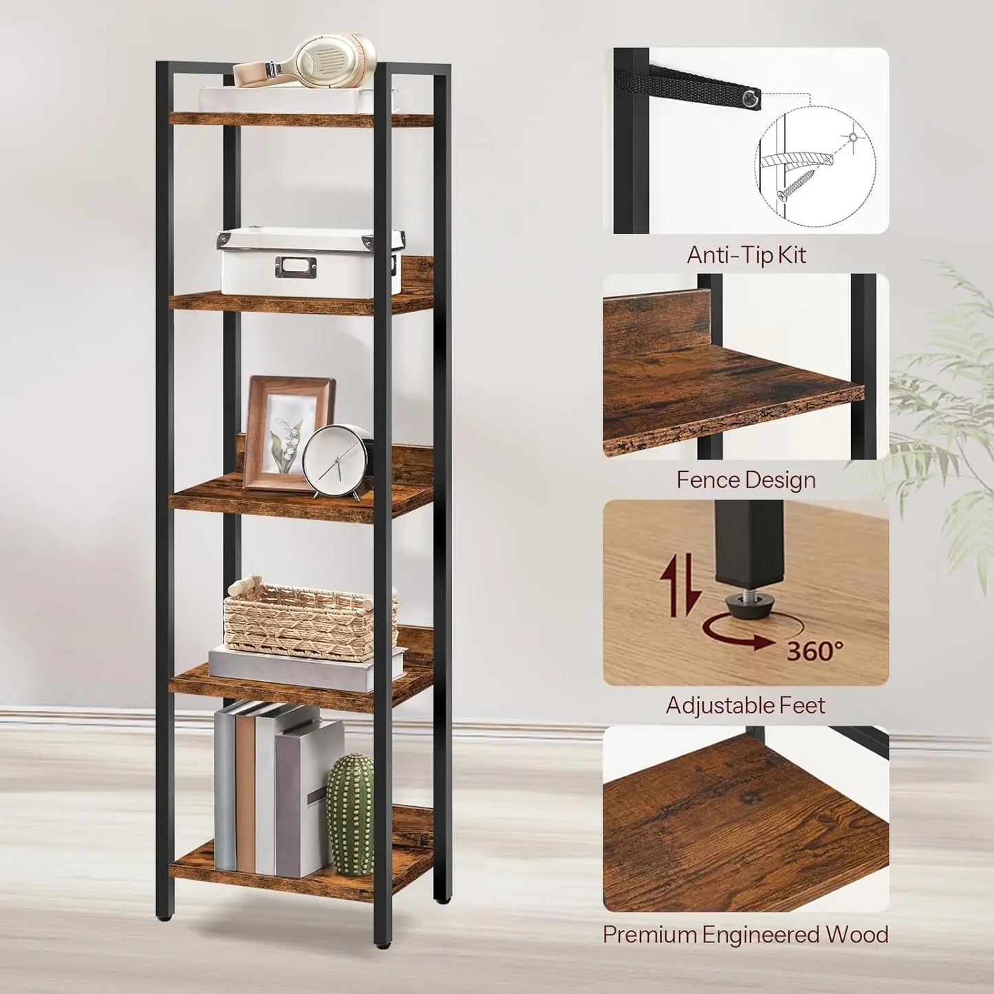 5 Tier Bookcase For Small Spaces Rustic Brown Black Storage Shelf Living Room