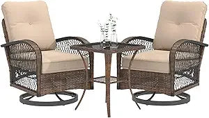 3 Piece Patio Furniture Set With Wicker Swivel Rocker Chairs And Cushions