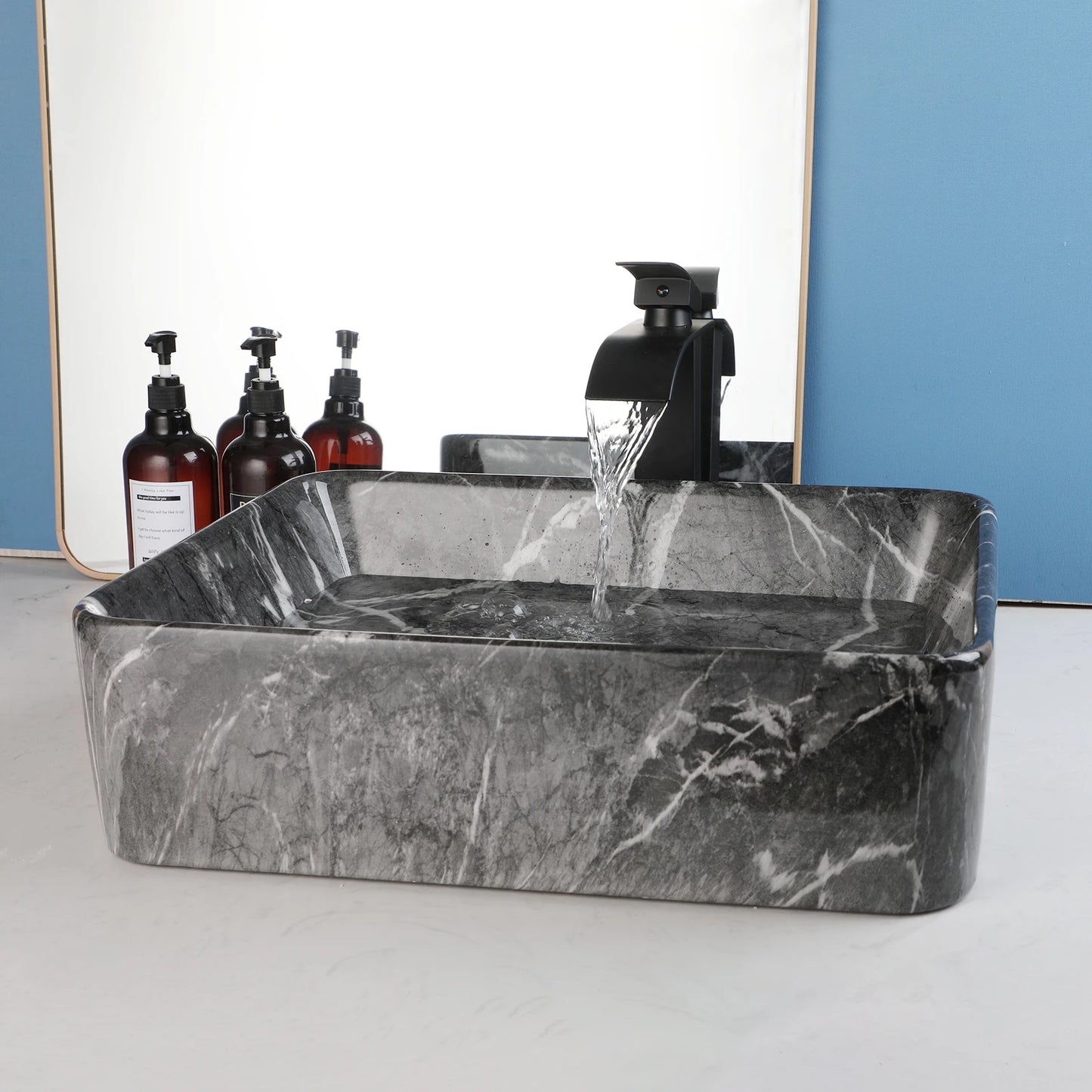 ZAPPO Black Rectangular Vessel Sink with Faucet and Drain