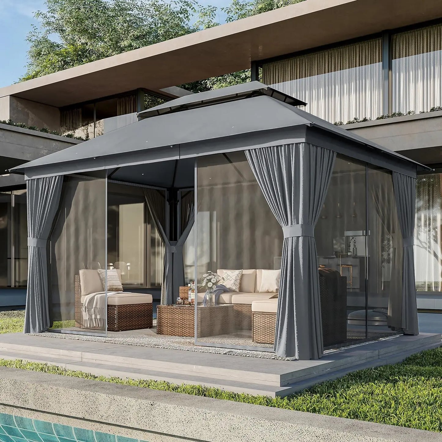Outdoor Patio Gazebo 10x12 Wooden Frame Canopy With Double Roofs Mosquito Net