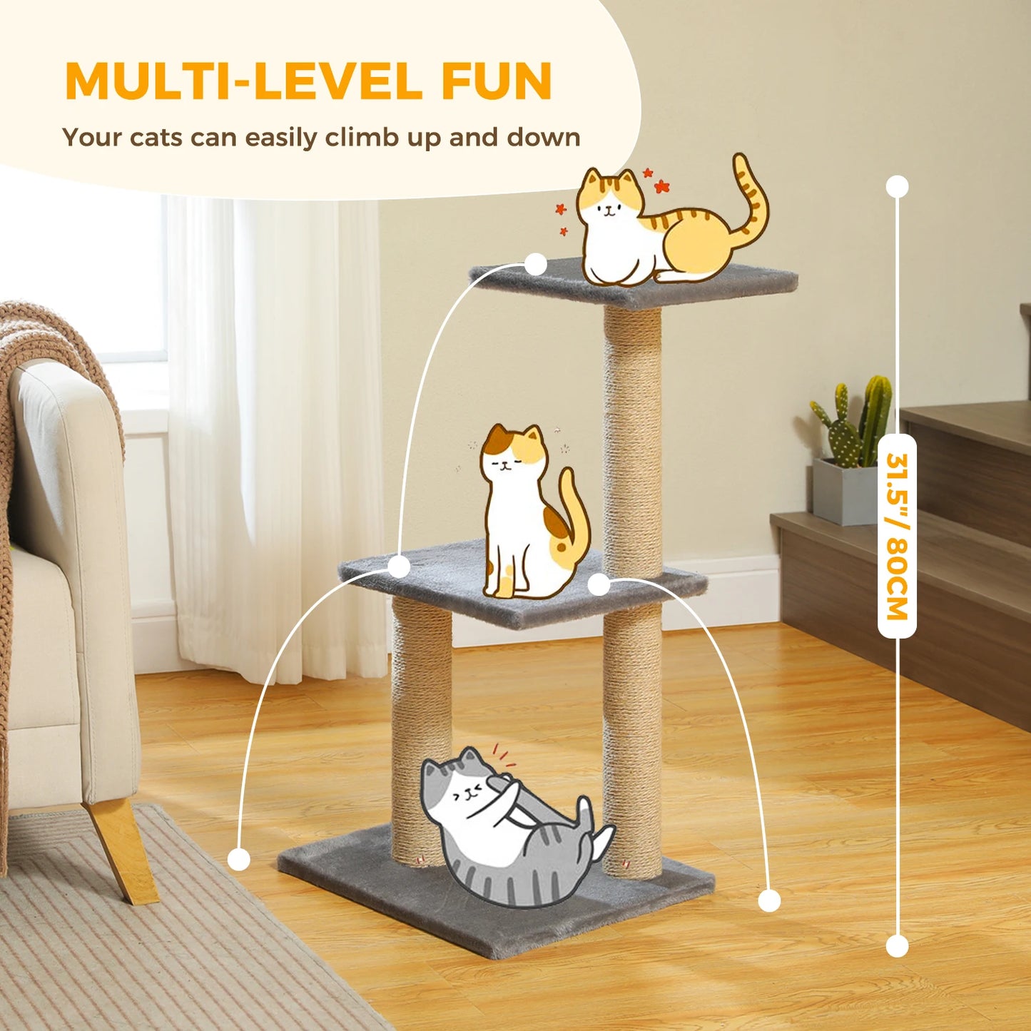 PAWZ Road Cat Tree Indoor 3 Tier Activity Tower With Scratching Posts Grey