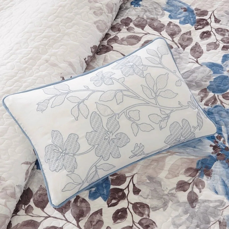 6 Piece Printed Quilt Set with Throw Pillows Blue Full Queen