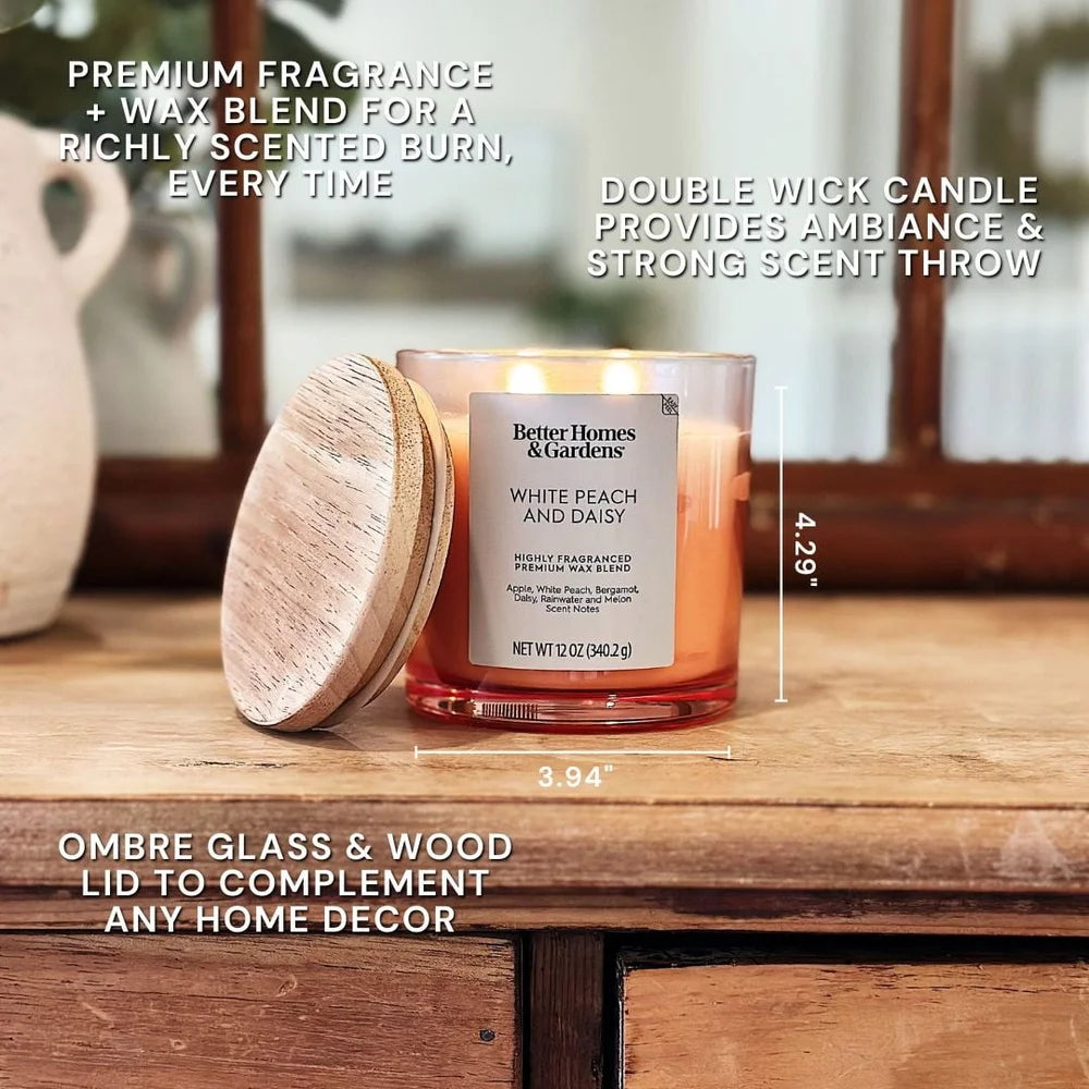 White Peach Daisy Scented Two Wick Ombre Jar Candle 12 Ounce Paraffin Blend Wax