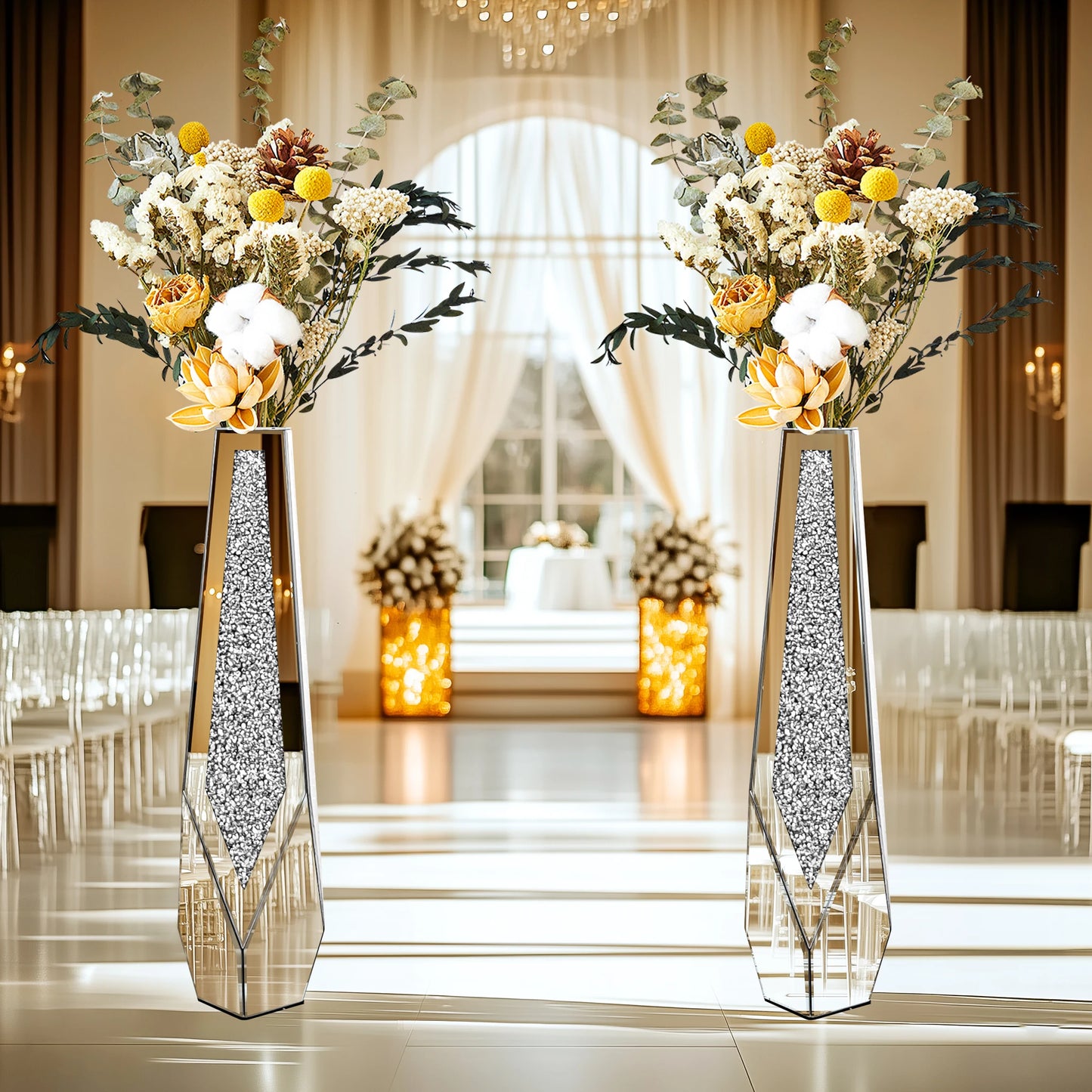 Tall Floor Mirror Vase Large Crushed Diamond Glass Vase for Home Decor Modern Crystal Centerpiece for Living Room Wedding Hotel