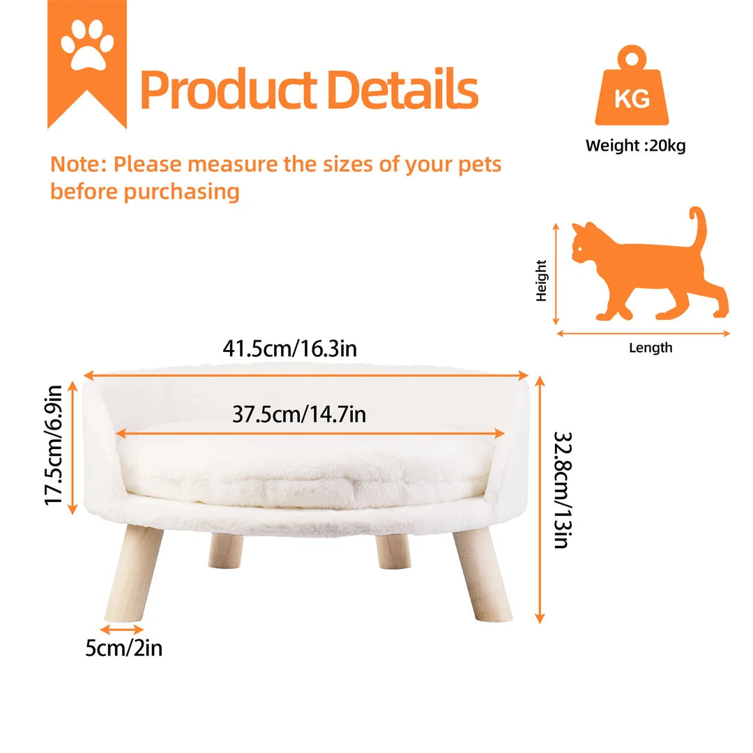 Luxury Cat Bed Soft Warm Plush Fabric Pet Nesting Chair Bed Stool with Washable Waterproof Cushion Pad and Wood Legs for Small Pets