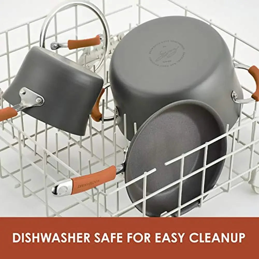 Hard Anodized Nonstick Cookware Set 12 Piece Gray Orange Handles Saucepans Stockpot Frying Pan Sauté Utensils Shatter Resistant