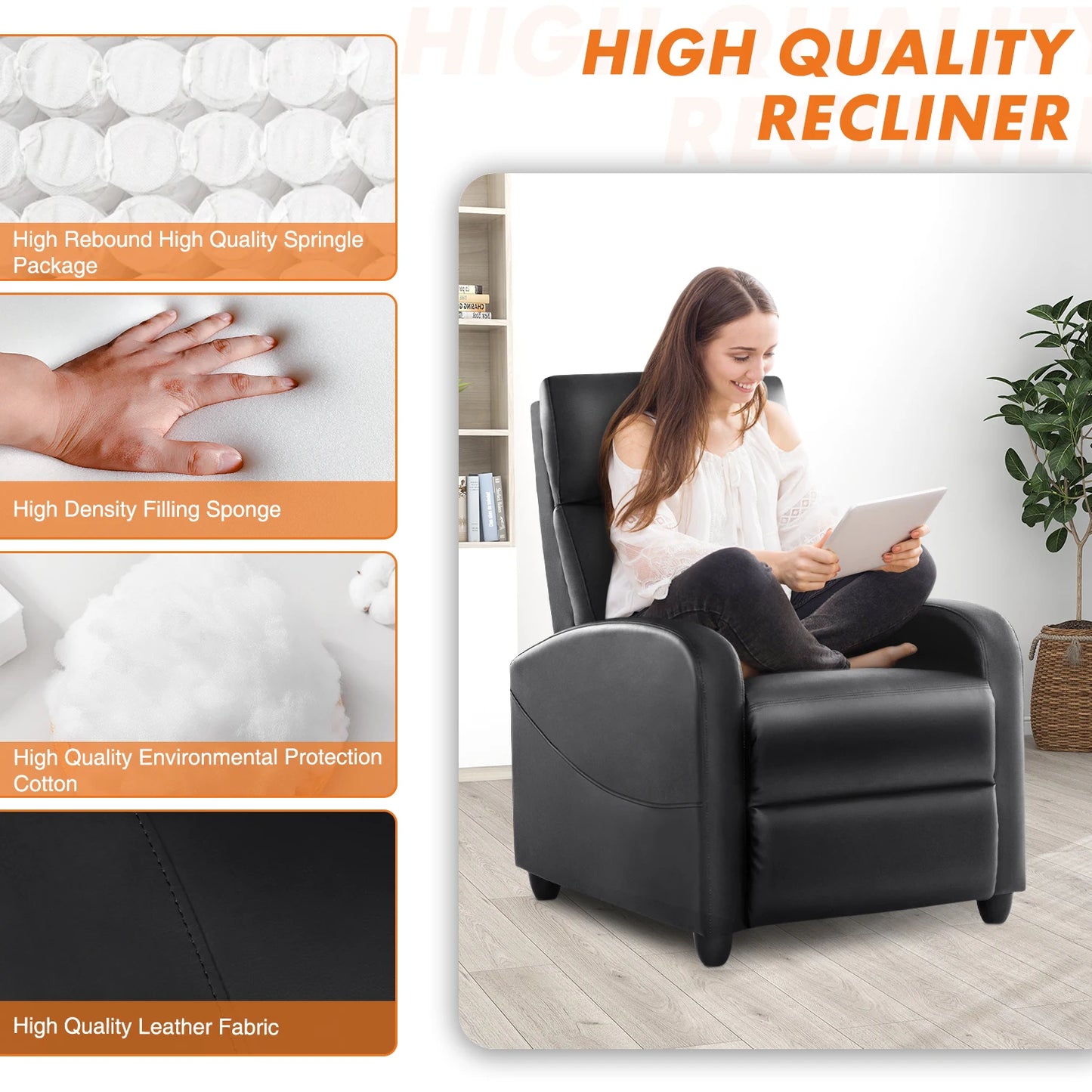 JHK Recliner Chair Massage Sofa Fabric Lumbar Support Grey