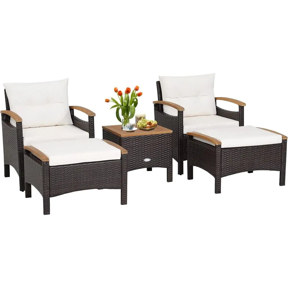 Outdoor PE Wicker Furniture Set With Lounge Chairs And Acacia Wood Side Table