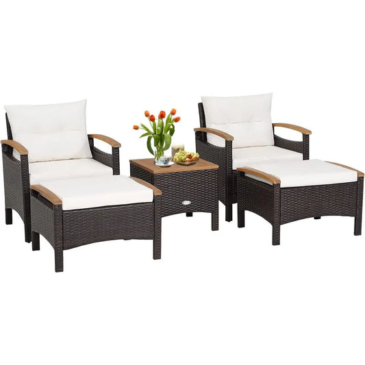 Outdoor PE Wicker Furniture Set With Lounge Chairs And Acacia Wood Side Table
