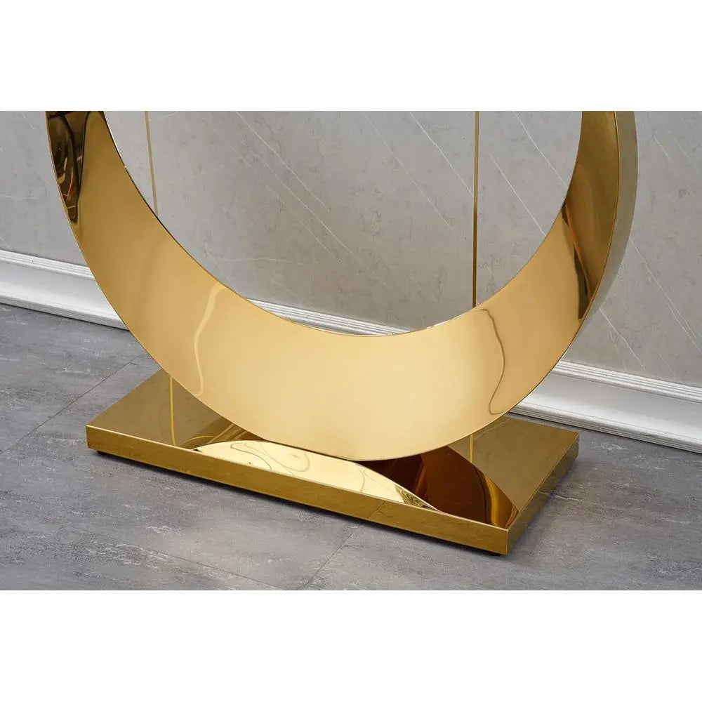Elegant 47 Inch Slim Entryway Console Table With Tempered Glass And Gold Accents