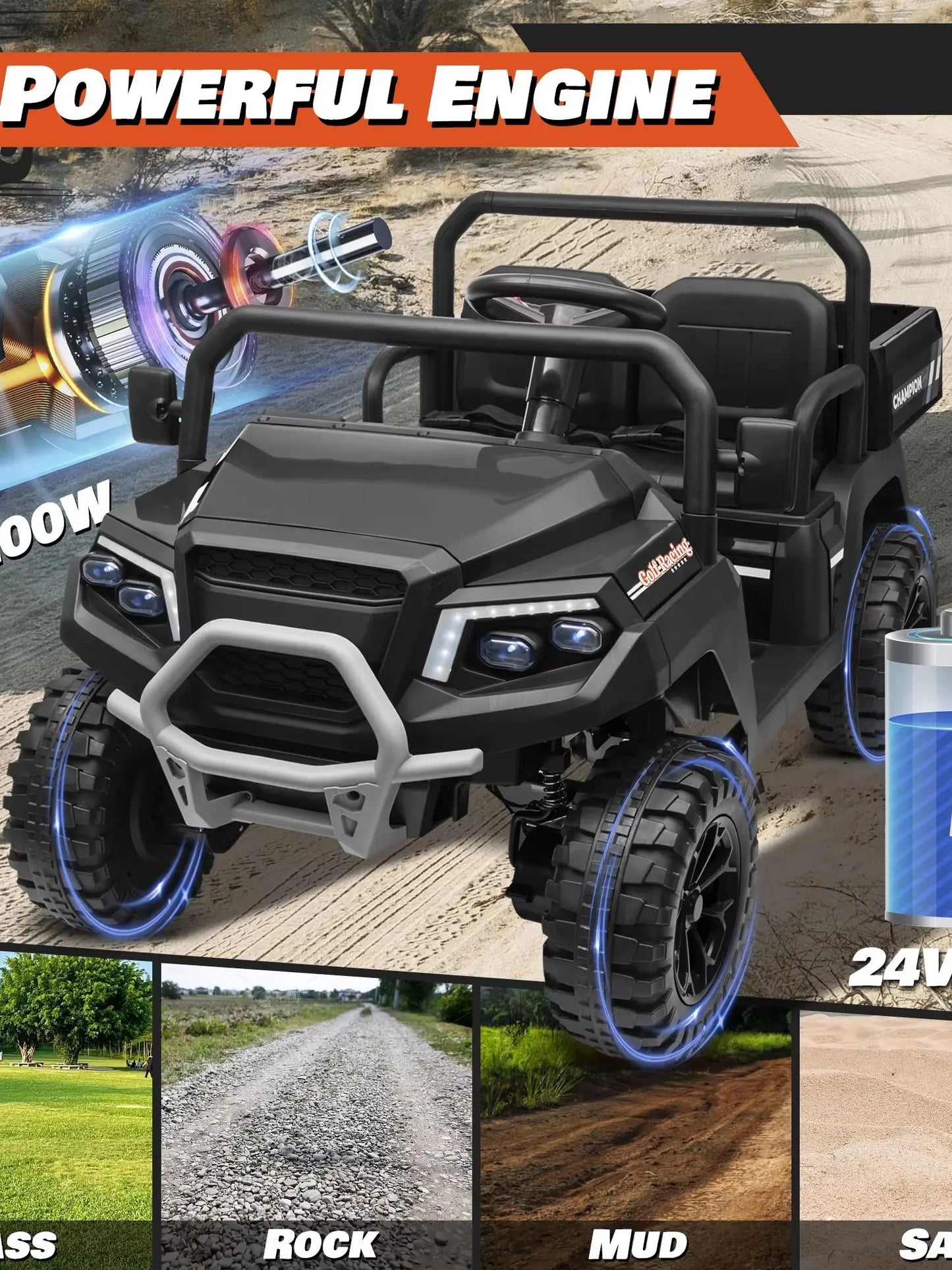 Joyracer 24V Ride On Car 4WD Dual Seater With Remote Control Dump Bed Shovel