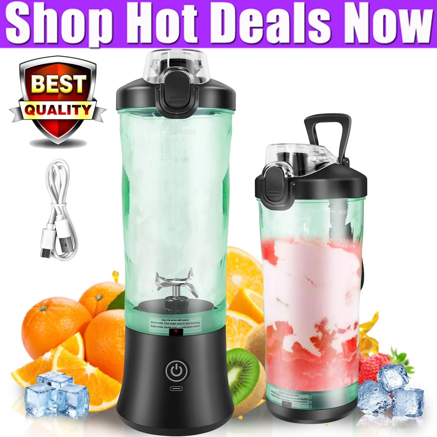 Professional Portable 2 In 1 Blender 600ML Electric Juicer Fruit Mixer USB Rechargeable Mini Smoothie Maker