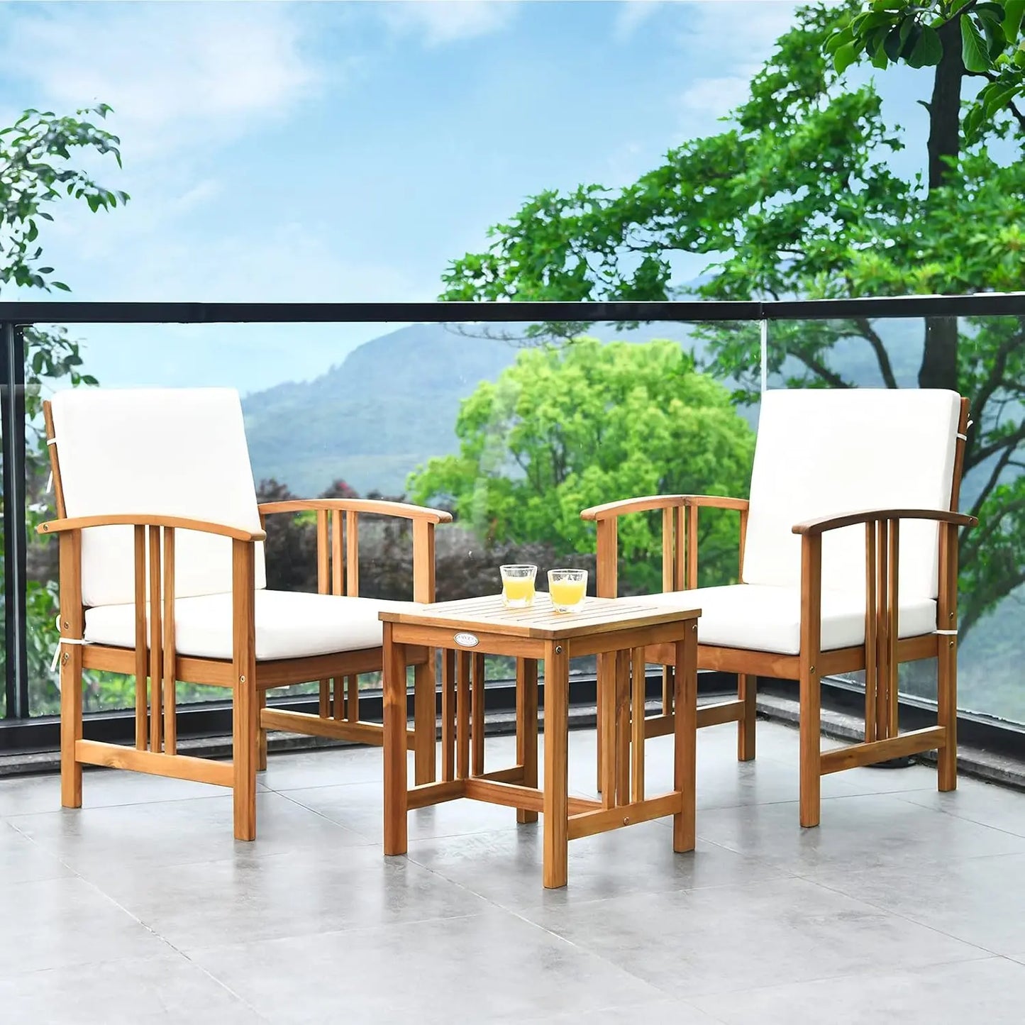3 Piece Patio Furniture Set With Acacia Wood Cushioned Chairs And Coffee Table