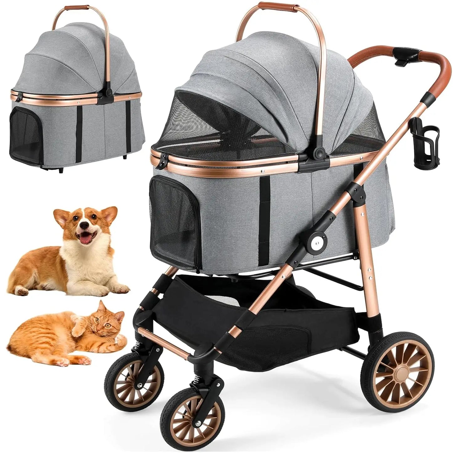 360 Degree Foldable Pet Stroller 2In1 Dog Cat Buggy Car Attachment 25kg