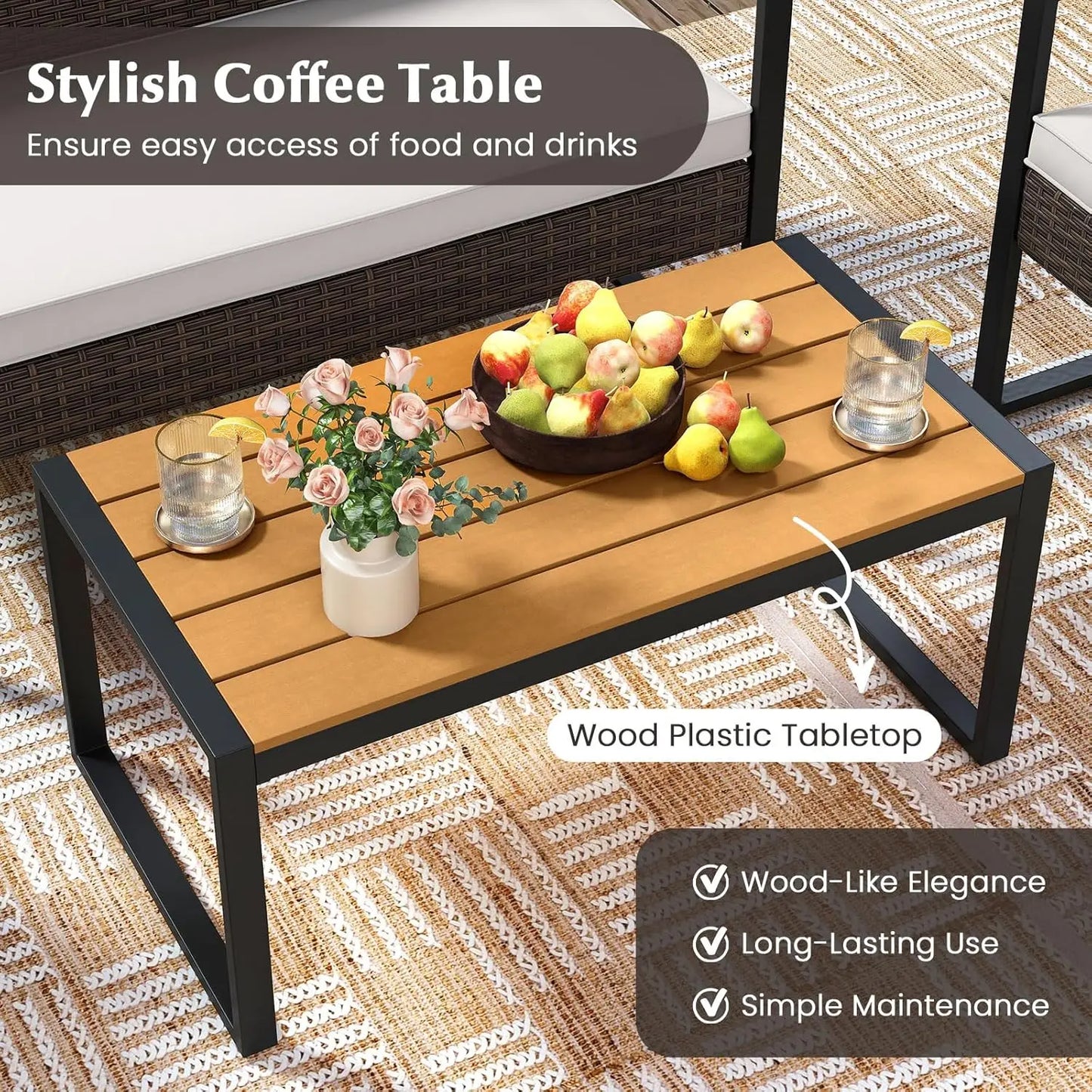 4 Piece Patio Furniture Set Rattan With Cushioned Chairs And Coffee Table