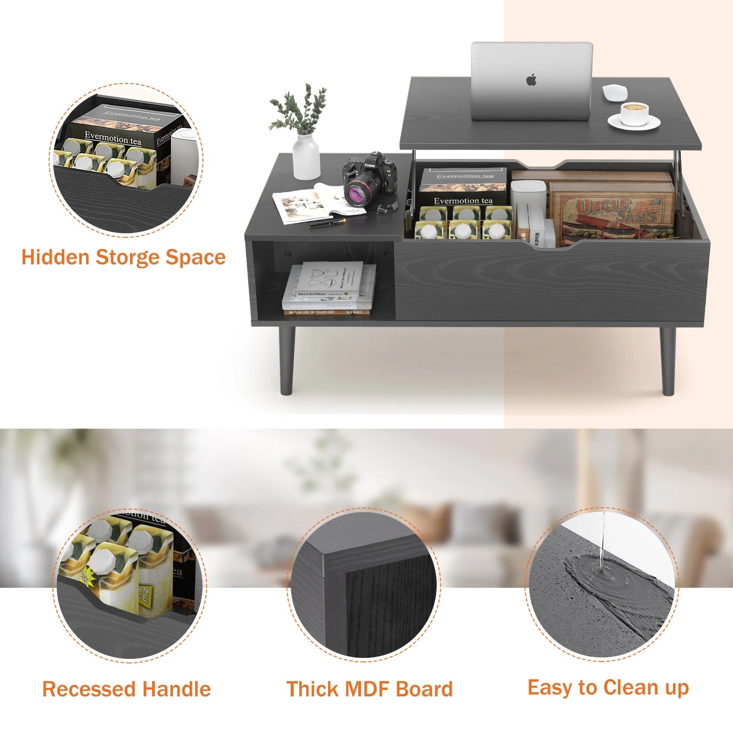 JHK Lift Top Wood Coffee Table With Storage For Living Room