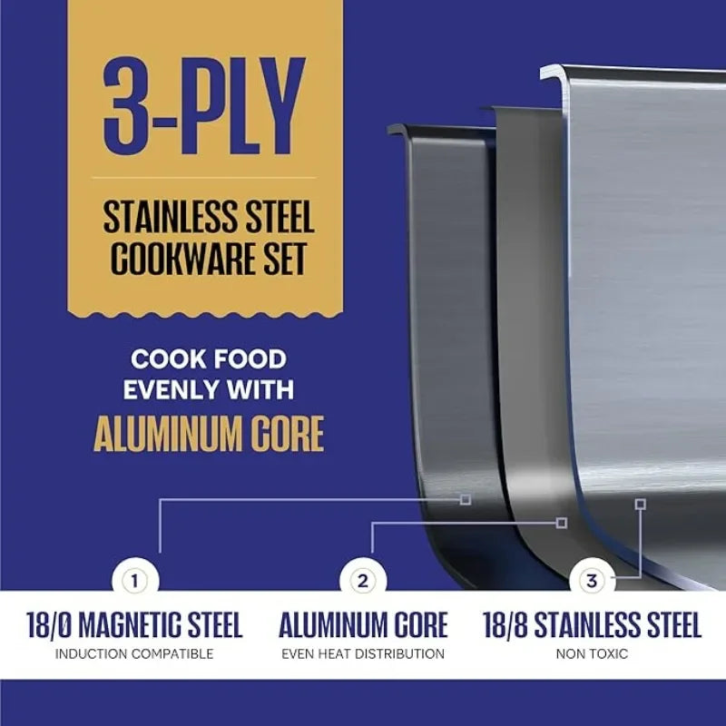 10-Piece 3 Ply Stainless Steel Pots and Pans Set Induction Oven Safe Best 18/8 Full Clad Kitchen Cookware