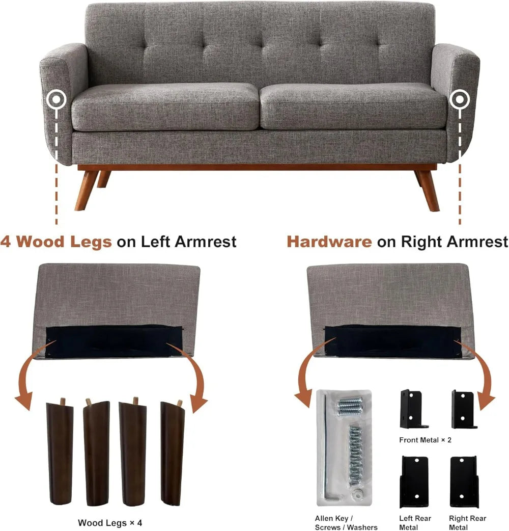 65.2 Inch Wide Loveseat Sofa Mid Century Modern Button Tufted
