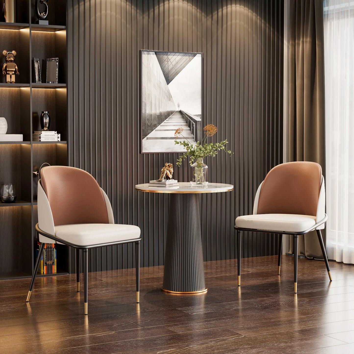 Set Of 2 Faux Leather Dining Chairs Upholstered Padded Modern Wooden Back