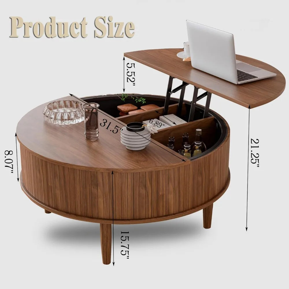 Round Fluted Lift Top Coffee Table With Storage Living Room