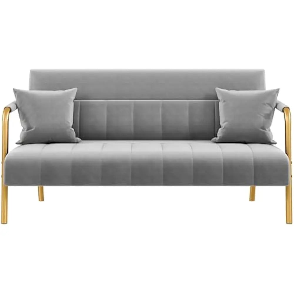 Luxurious Velvet Sofa 56.5 Inches With Gold Tone Metal Arms For Living Room