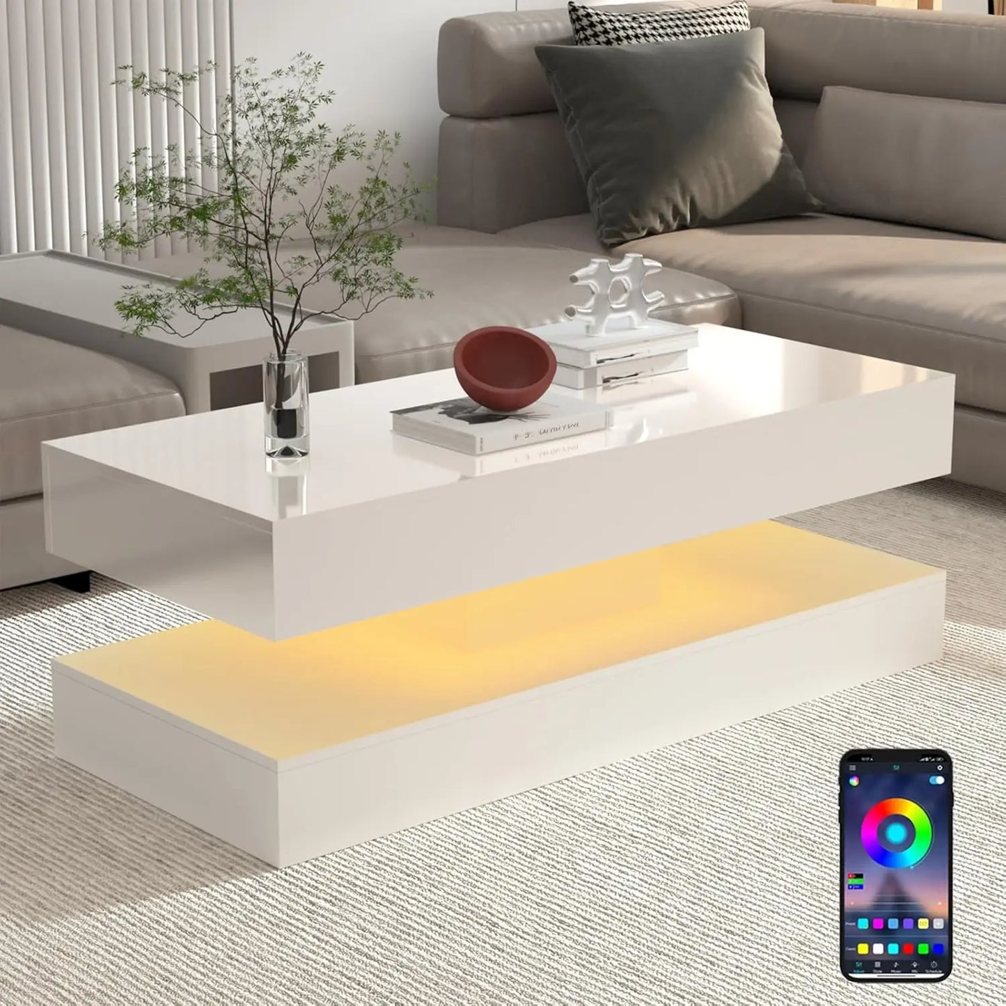 Modern Coffee Table With LED Lights And Storage Drawers