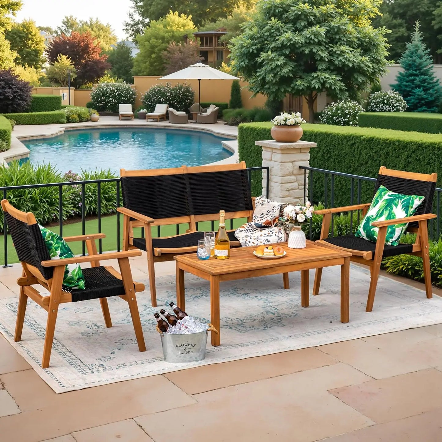 Four Piece Acacia Wood Patio Conversation Set With Hand Woven Rope Seats Outdoor