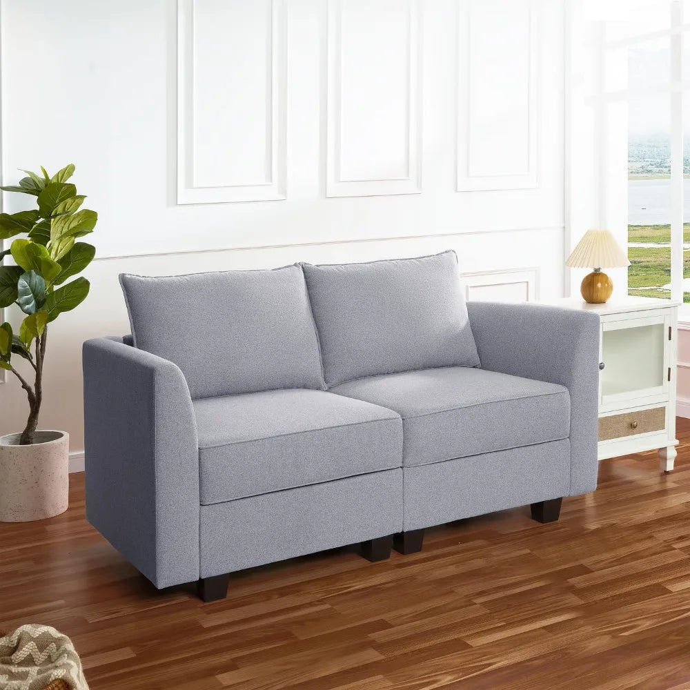 Grey Linen Modular Loveseat Sofa Bed With Extendable Wood Frame