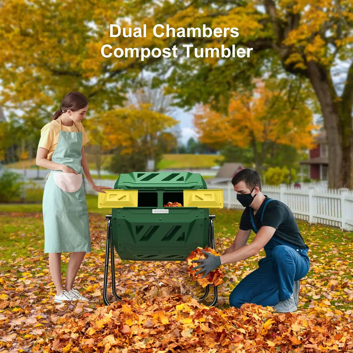 Compost Tumbler Bin Composter Dual Chamber 43 Gallon (Bundled with Gardening Gloves), Customized