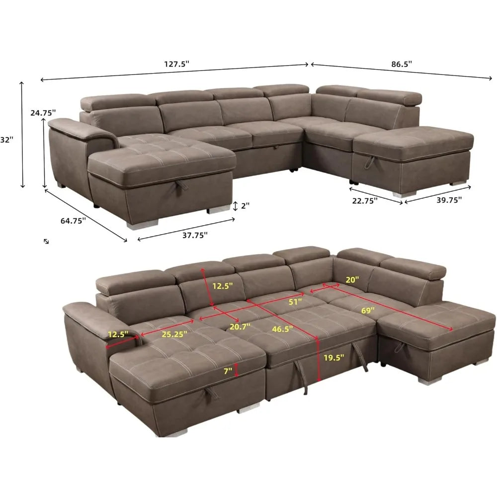Thsuper 127 Inch Microfiber U Shaped Sectional Sleeper Sofa With Pullout Bed