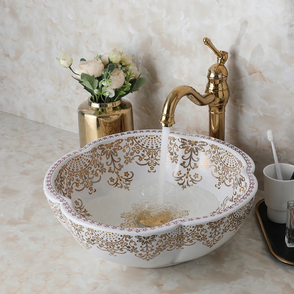 ZAPPO Ceramic Sink Above Counter Round Petal Pattern Faucet