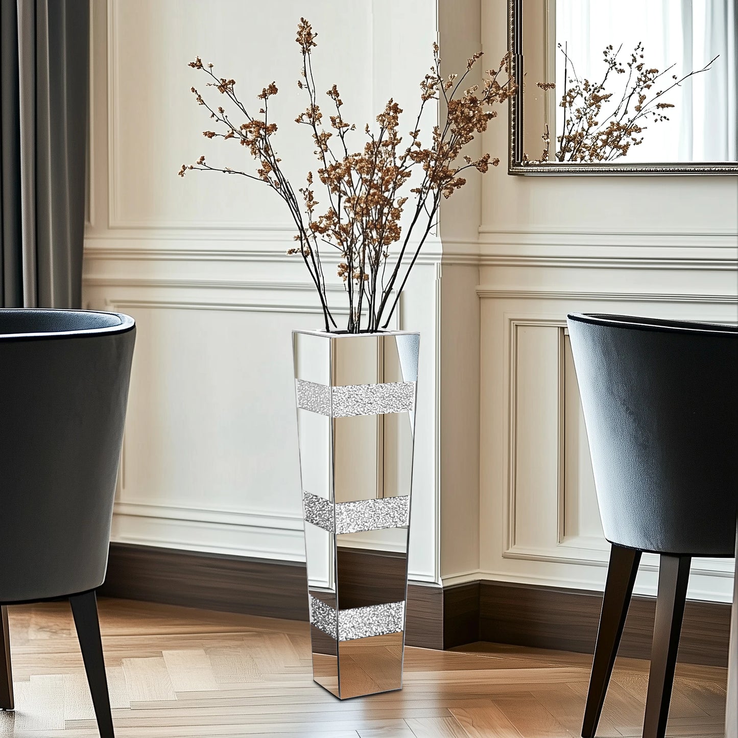 Tall Floor Mirror Vase Large Crushed Diamond Glass Vase for Home Decor Modern Crystal Centerpiece for Living Room Wedding Hotel