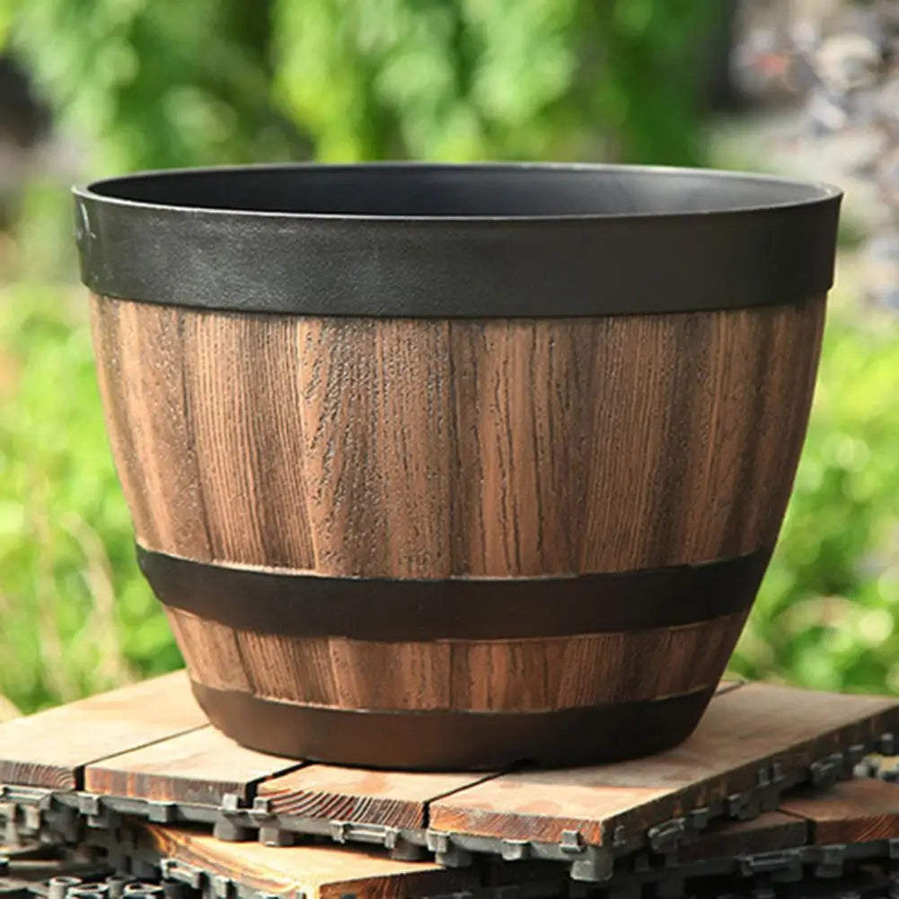 Barrel Shape Imitation Wood Plant Pot Plastic Flowerpot For Indoor Outdoor