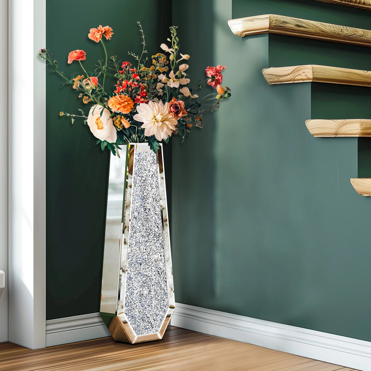 2 Shapes 68CM Crushed Diamond Decorative Mirrored Floor Vase Crystal Silver Glass Flower Vase for Pampas Grass and Artificial Flowers