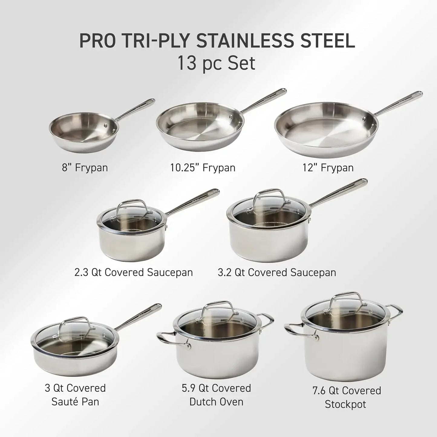 Pro Tri-Ply Stainless Steel Cookware Set 13 Piece Induction Compatible Oven Safe 500F Lids 350F Fast Even Heat Professional Quality Durable Pots and Pans Set Dishwasher Safe Silver