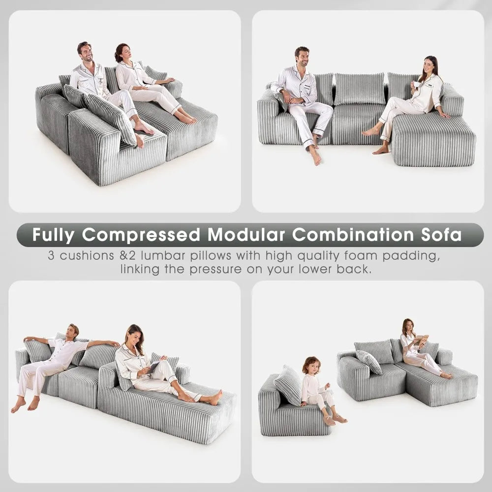 Grey Velvet Modular Sectional Sofa With L Shape Chaise