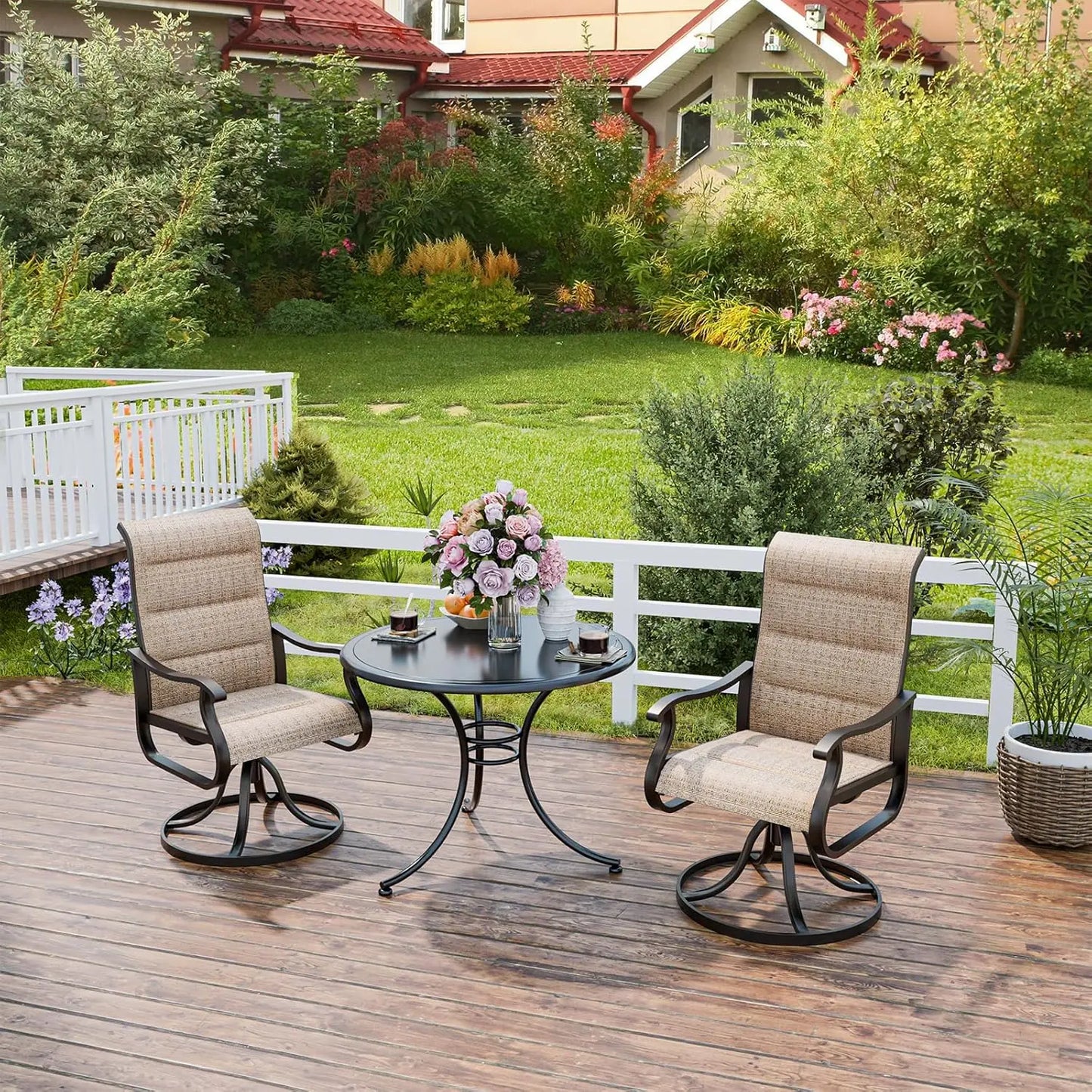 Patio Swivel Chairs Set Of 2 High Back Outdoor Wooden Frame With Padded Cushions