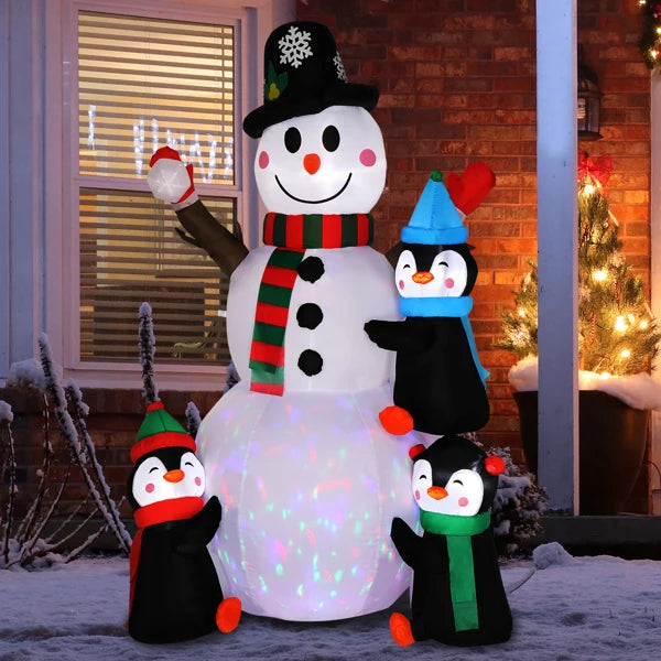 6ft Inflatable Snowman With 3 Penguins And 4 Light Strings