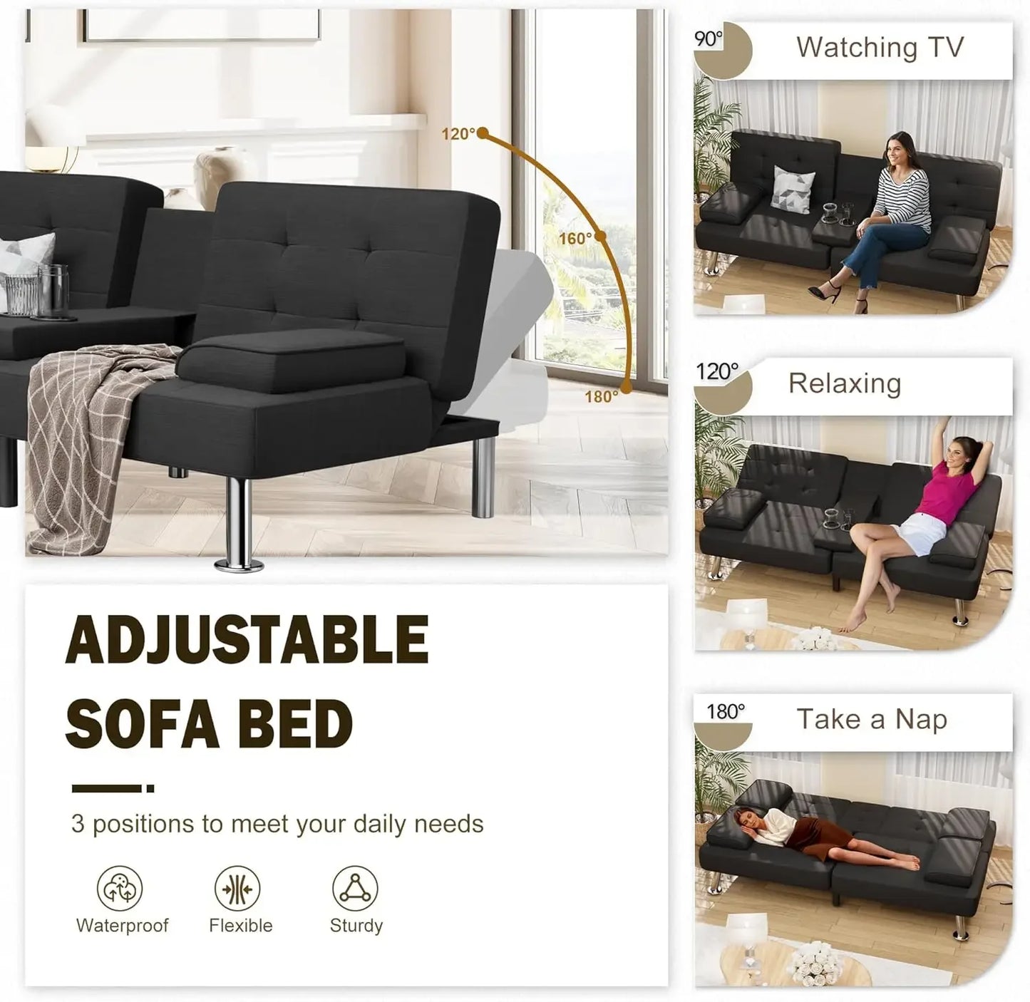 Modern Linen Upholstered Convertible Futon Sofa Cup Holders