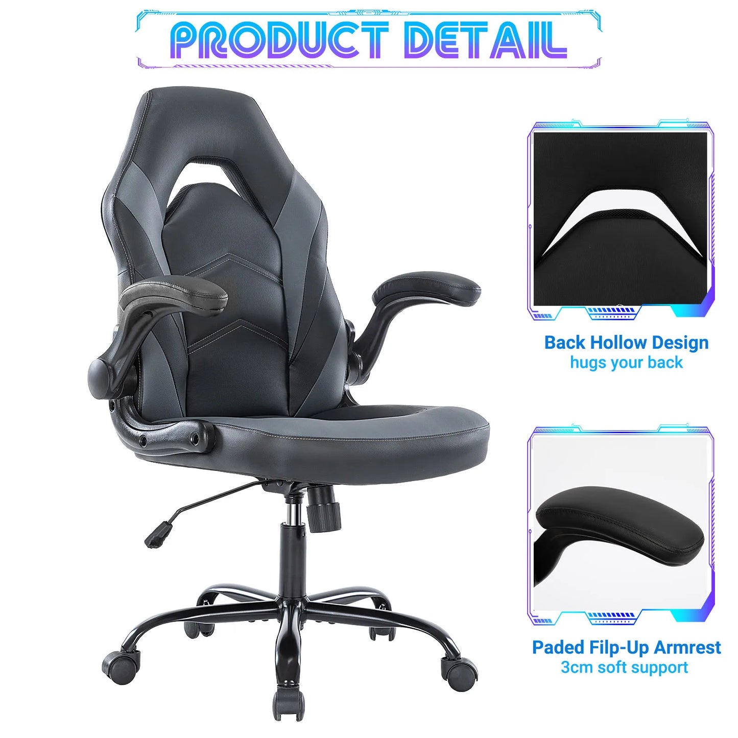 Ergonomic PU Leather Gaming Chair With Adjustable Flip Up Armrests For Office