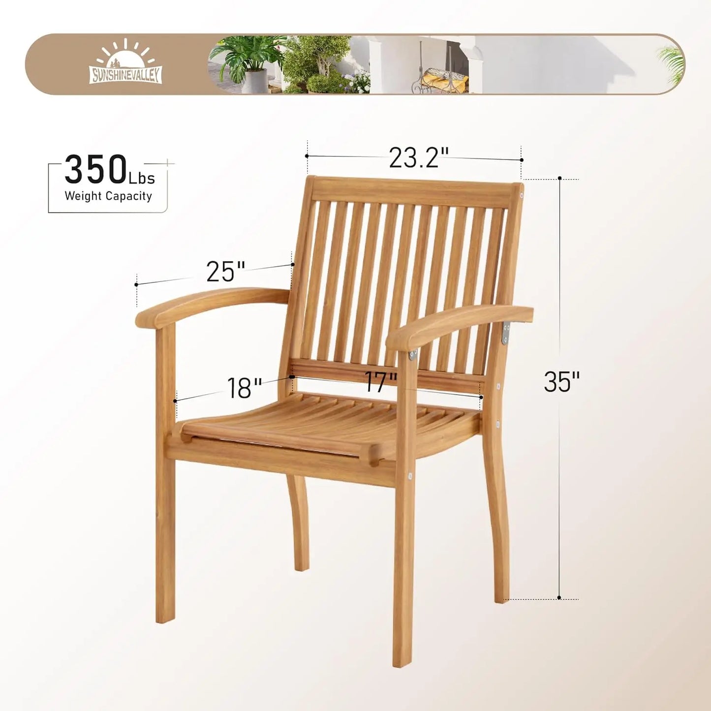 Wood Patio Dining Chairs Set of 2 Acacia Wood Armrest High Back for Porch