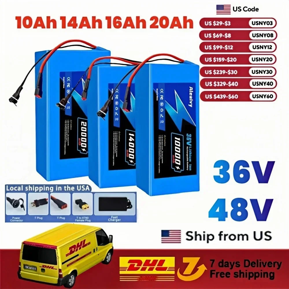 Aleaivy 36V 48V Electric Bike Battery Pack 10 16 20Ah LiIon